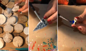villaggi natale in vasetto: Mani che dipingono gli animaletti e gli oggetti decorativi con i colori acrilici e i glitter 