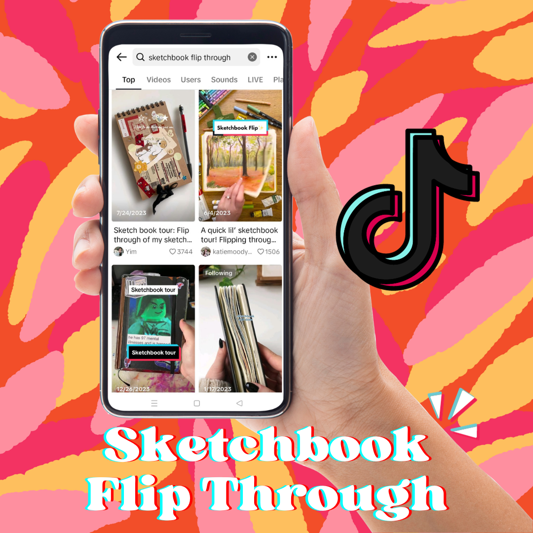 Cellulare con pagina di ricerca di TikTok con il titolo "Sketchbook Flip Through"