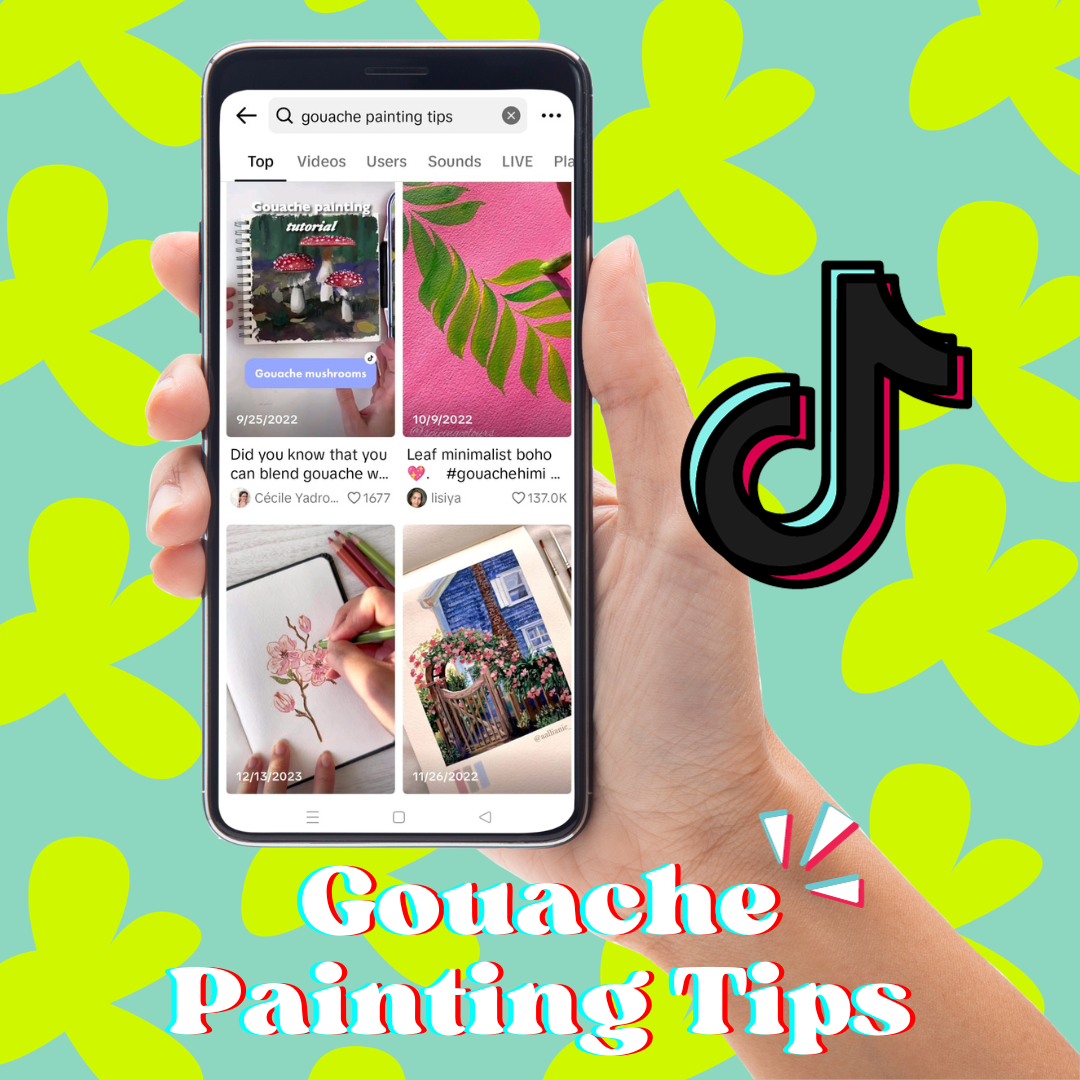 Cellulare con pagina di ricerca di TikTok con il titolo "Gouache Painting Tips"