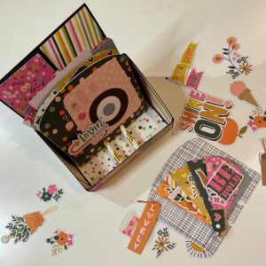 memorydex: piccole carte con stampe e scritte colorate e scatola con un binario centrale, il TRAY