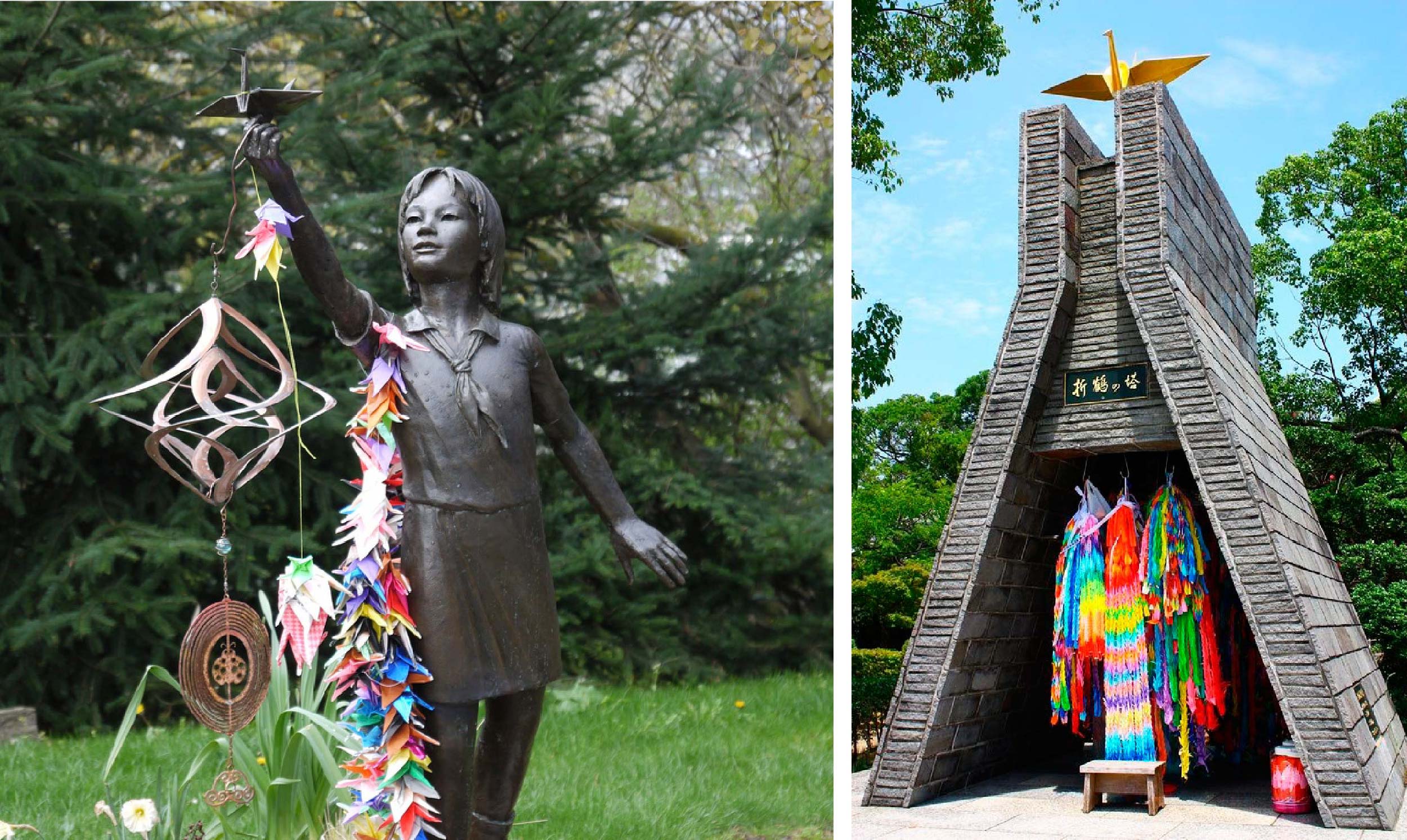 Immagine a sinistra con statua di una bambina cn accessorio fatto di mille origami di gru. Immagine a destra con capanna all'interno della quale ci sono tanti origami di gru. 