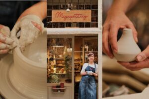 vetrina negozio Migupottery per uno shopping sostenibile a Verona con mani che lavorano la ceramica