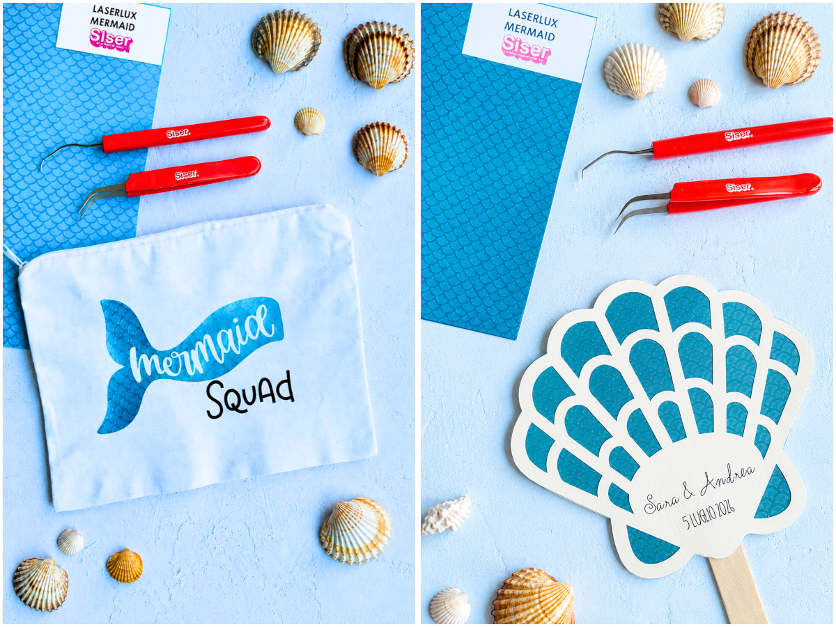 pochette azzurra stile sirena con conchiglie e utensili