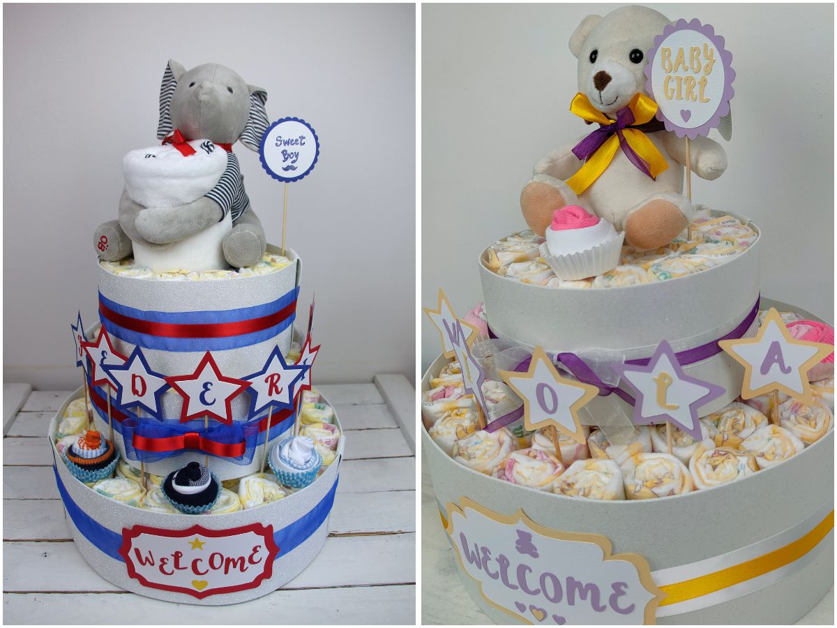 torta di pannolini per bambino con elefantino e torta di pannolini per bambina con orsetto