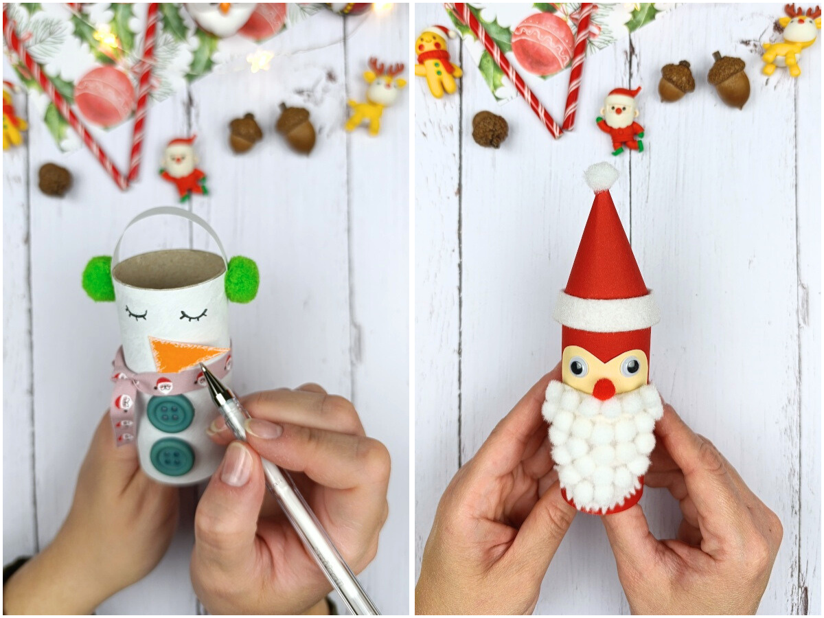 babbo natale e pupazzo di neve con rotoli di carta: idea di riciclo creativo