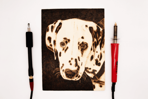 Piano da lavoro con quadro con cane dipinto utilizzando il pirografo e due pirografi 