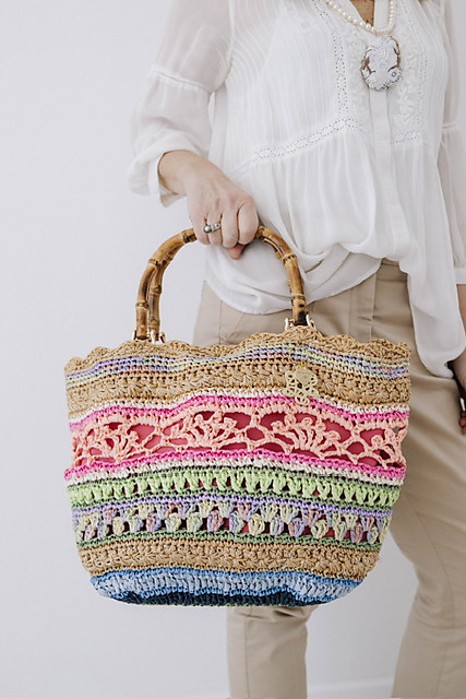 borsa da portare a mano o a spalla, da realizzare in rafia con motivi a righe e floreali - millerighe raffia bag