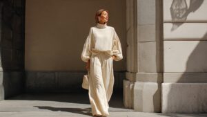 Donna elegante vestita di bianco con abiti in stile modest fashion