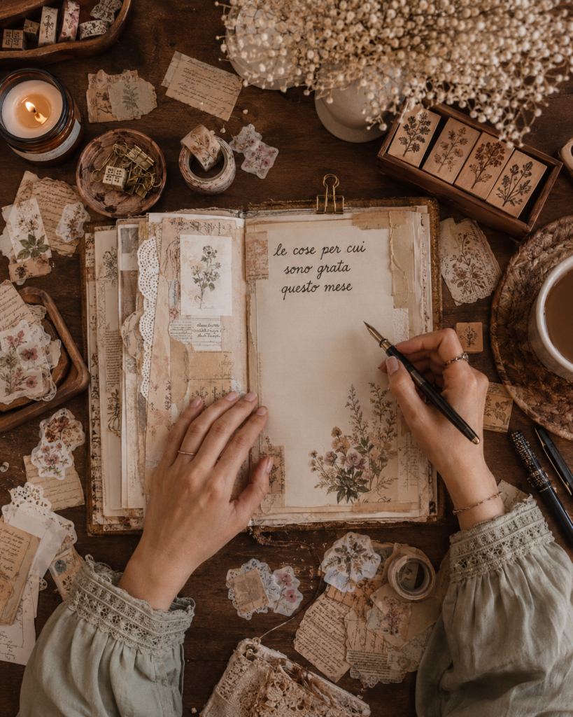Settembre capodanno creativo e journaling Ragazza fa journaling con sticker e scrittura