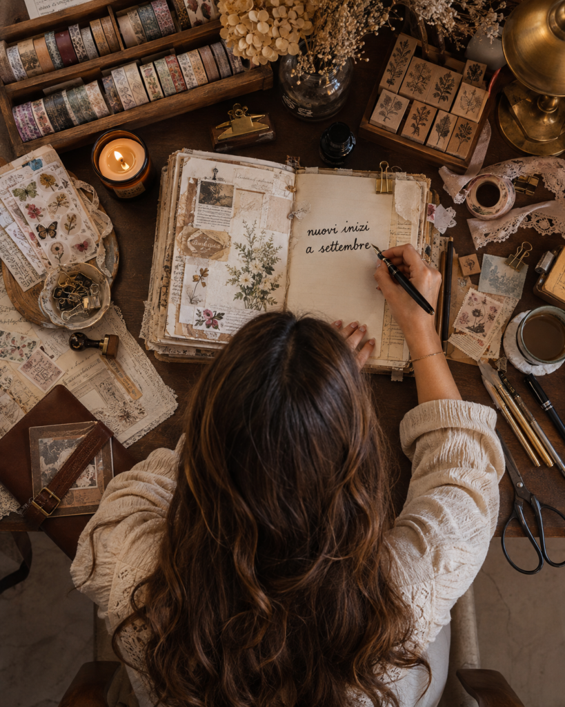 Journaling di settembre Ragazza che scrive nel suo diario aggiungendo sticker colorati e nastri