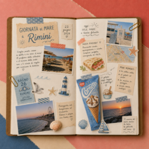 Diario con i ricordi di un viaggio contenente pensieri, cibo e foto 