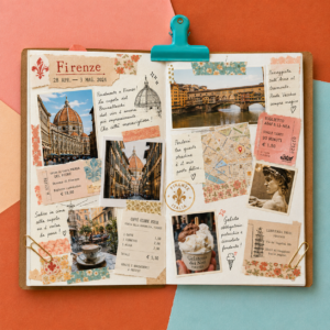 Travel journal con cartoline, foto e scontrini di un viaggio a Firenze